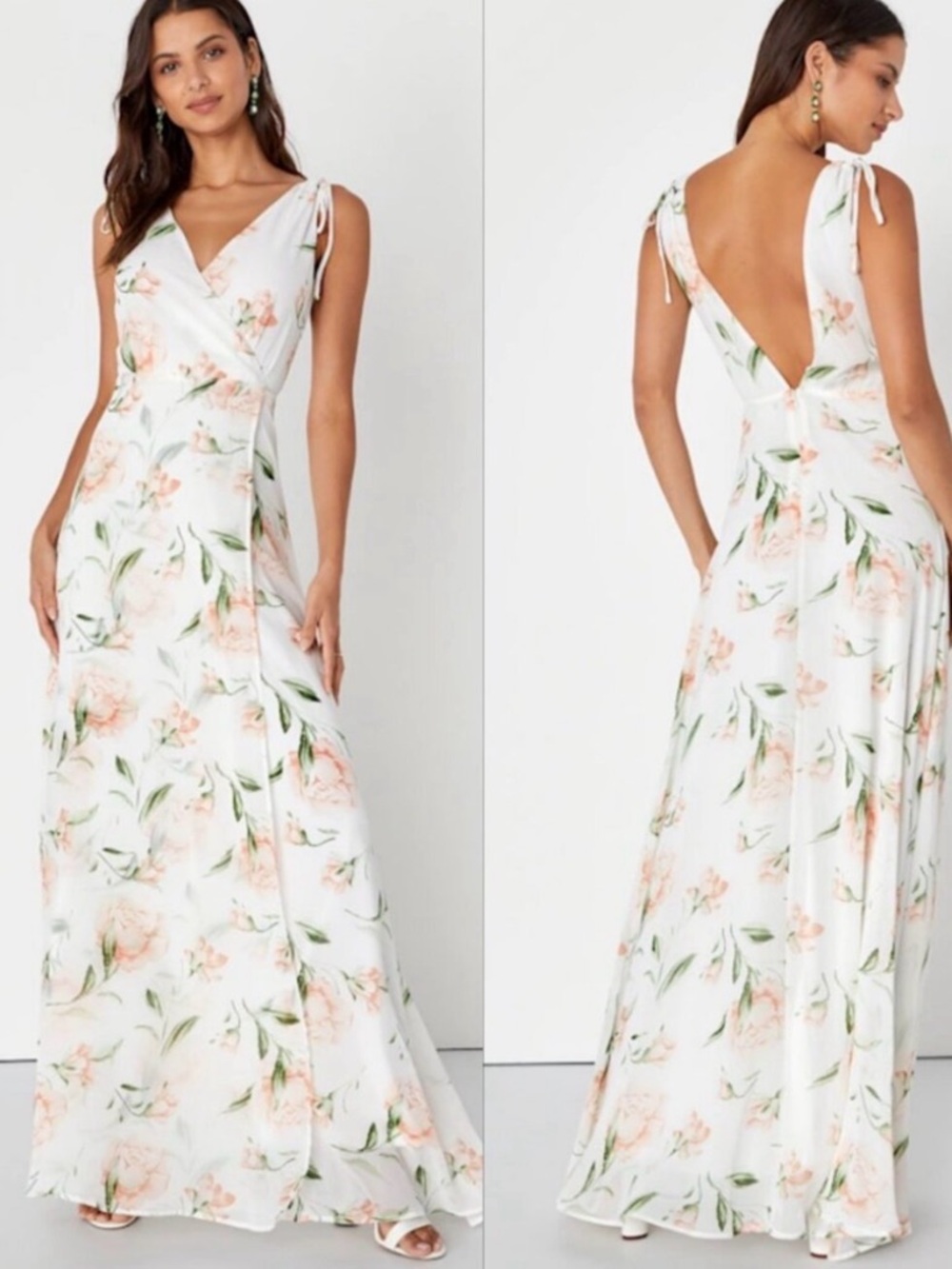 Lulu’s white pink sage floral Romantic Possibilities tie strap maxi dress NWT S